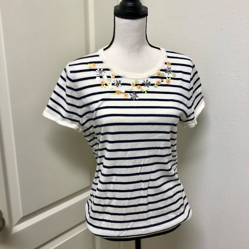 J.Crew Striped Summer Sweater w/ Floral Appliqué, Sz. M